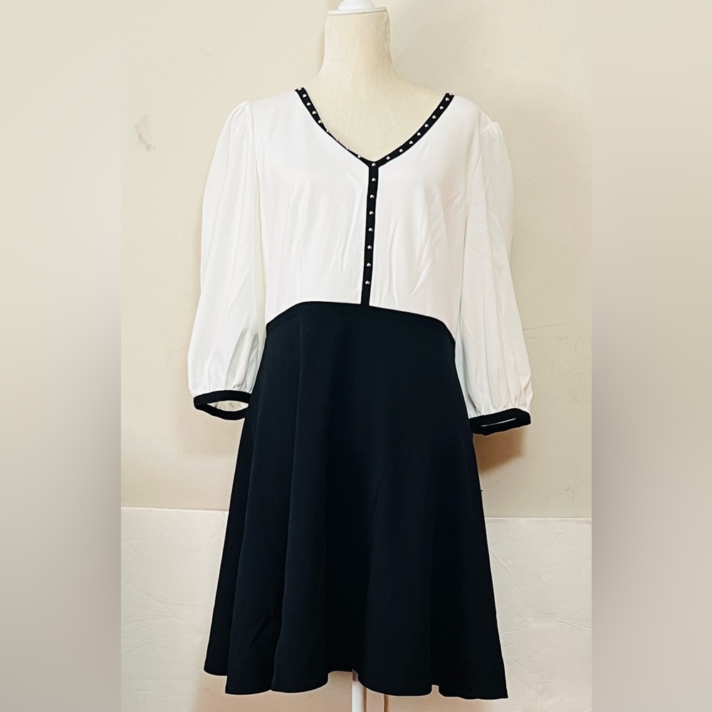 Karl Lagerfeld 3/4 Balloon Sleeve V-Neck Studded Color Block Fit & Flare Dress